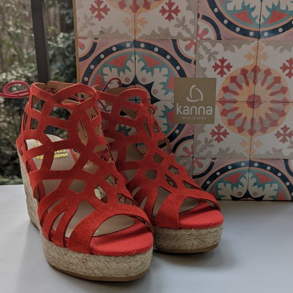 KANNA Cortina Espadrilles in Red Suede Leather Platform Wedge Size US 7 EU 37 - Picture 2 of 8